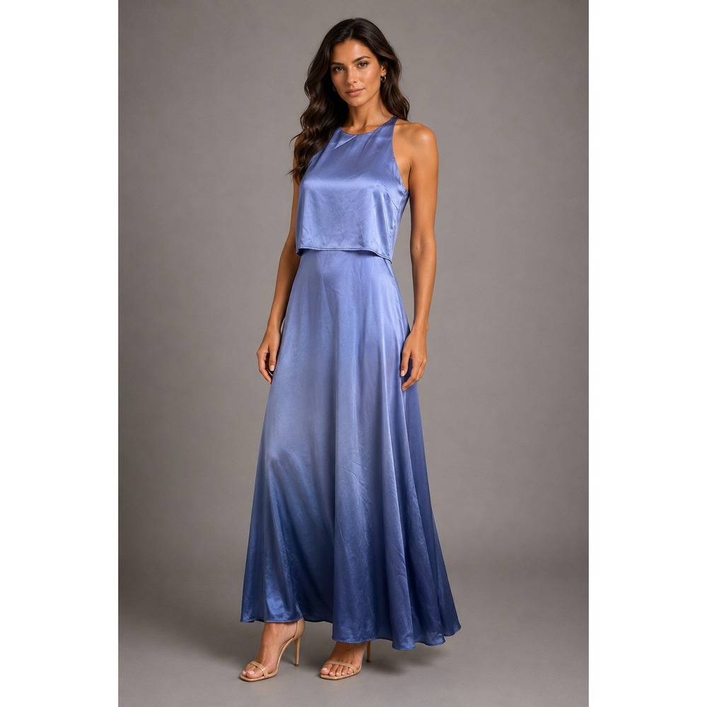 Lulus XS Slate Blue Satin Halter Maxi Dress Popover Bodice Formal Evening Gown